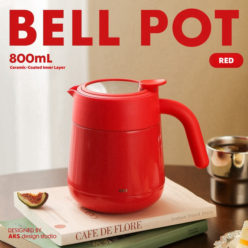 AKS 800ml Bell Pot - Multi-Use Insulated Flask for Coffee, Tea & Cold Brew with Stainless Steel Filter and Ceramic Coating, IV-Class Thermal Carafe with Handle & Sharing Cups