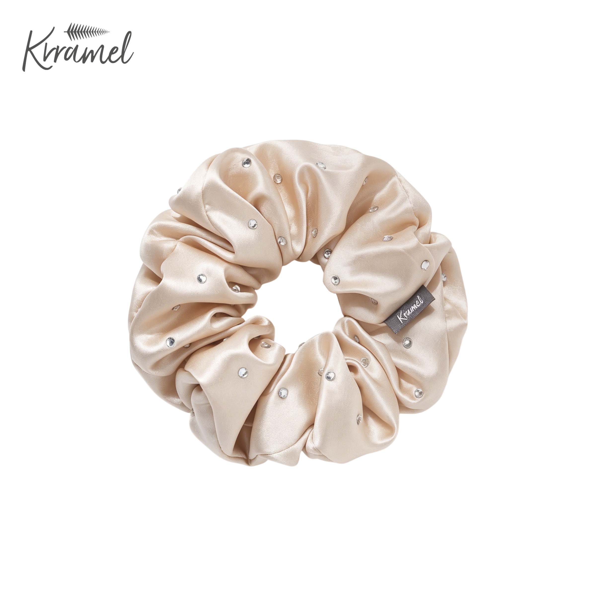 KRRAMEL 22 Momme 100% Mulberry Silk Scrunchie – 6A Grade Silk Hair Tie with Crystal Rhinestones – Gentle No-Damage Hair Accessory for Women & Girls (5cm Width)