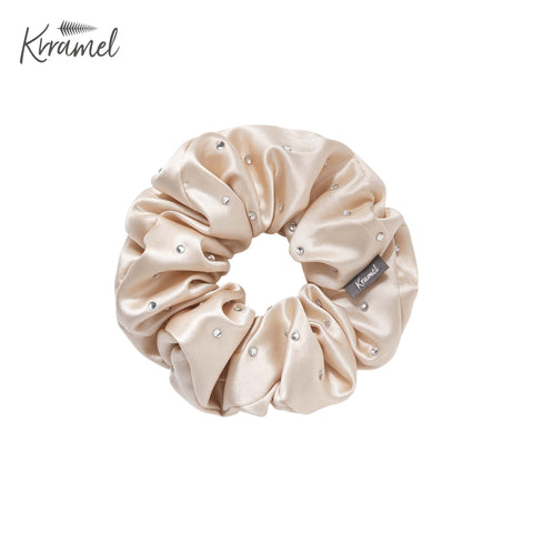 KRRAMEL 22 Momme 100% Mulberry Silk Scrunchie – 6A Grade Silk Hair Tie with Crystal Rhinestones – Gentle No-Damage Hair Accessory for Women & Girls (5cm Width)