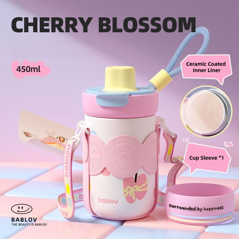 BABLOV 450ml Insulated Tumbler with Straw – Leak-Proof SUS316 Stainless Steel Water Bottle, Pastel Aesthetic Travel Cup for Hot & Cold Drinks