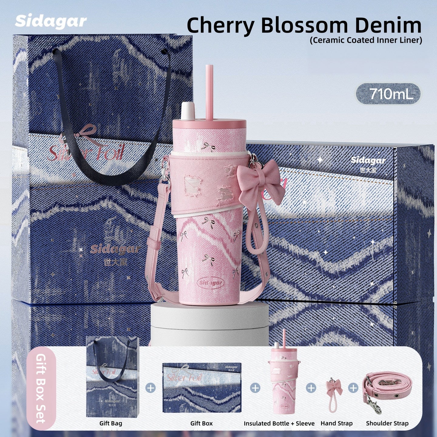 Sidagar Denim Aesthetic Insulated Tumbler with Straw & Strap – 710ml (24oz) Stainless Steel Water Bottle with Detachable Cup Sleeve, Bow Charm & Crossbody Bag, Leakproof Travel Mug for Women