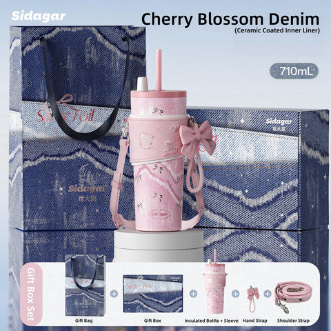 Sidagar Denim Aesthetic Insulated Tumbler with Straw & Strap – 710ml (24oz) Stainless Steel Water Bottle with Detachable Cup Sleeve, Bow Charm & Crossbody Bag, Leakproof Travel Mug for Women