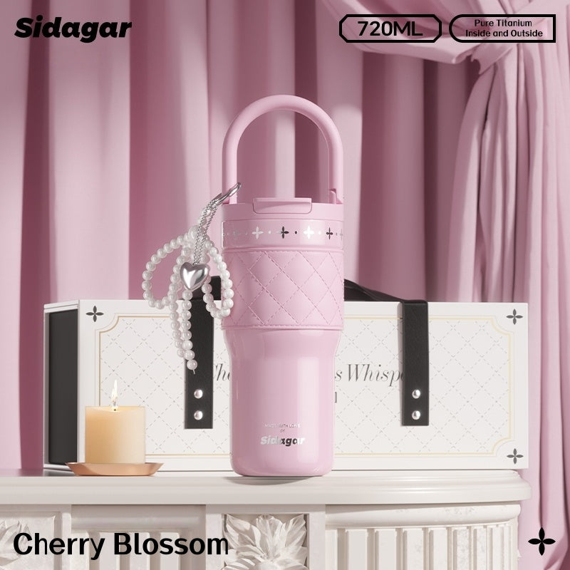 SIDAGAR Elysees Whisp Pure Titanium Tumbler with Pearl Accent - 720ml Light Luxury Insulated Cup, Chanel-Style Gift for Women