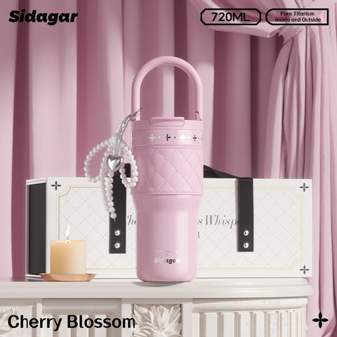 SIDAGAR Elysees Whisp Pure Titanium Tumbler with Pearl Accent - 720ml Light Luxury Insulated Cup, Chanel-Style Gift for Women