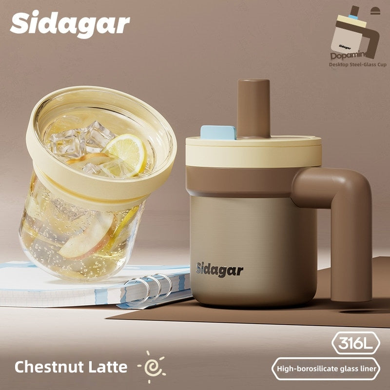Sidagar Little Sugar Cube 2-in-1 Glass-Lined Stainless Steel Tumbler – Borosilicate Glass Inner Cup + 316L Steel Outer Cup, Odorless, Easy Clean, 6H Insulation, Phone Stand Lid (390ml/500ml, Peach Milk Jelly / Chestnut Latte)