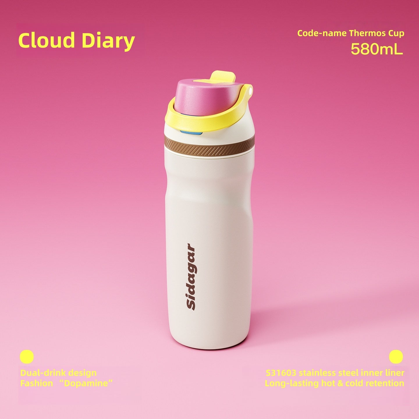Sidagar 580ml Code Name Insulated Tumbler with Straw, 12H Hot 12H Cold S31603 Stainless Steel Water Bottle, Leak-Proof Travel Mug with 2-in-1 Lid, Cup Holder Friendly Gym & Office Thermous for Women