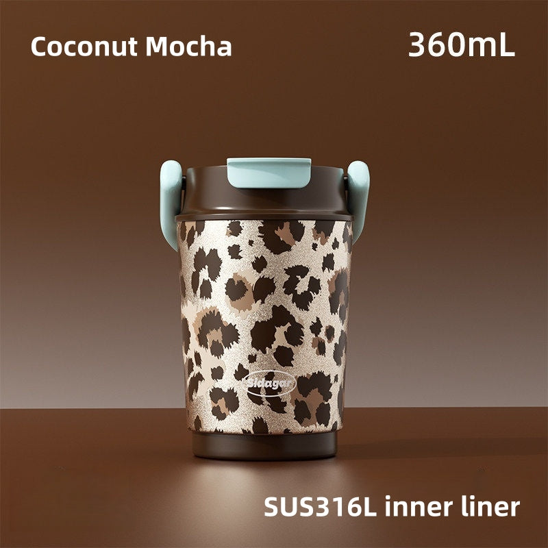Sidagar Leopard Print Insulated Tumbler with Handle – 360ml SUS316L Stainless Steel Travel Mug, 2-in-1 Dual Drink Lid with Straw & Direct Sip, Leakproof Double Wall Vacuum Coffee Cup for Commute, Car & Leisure