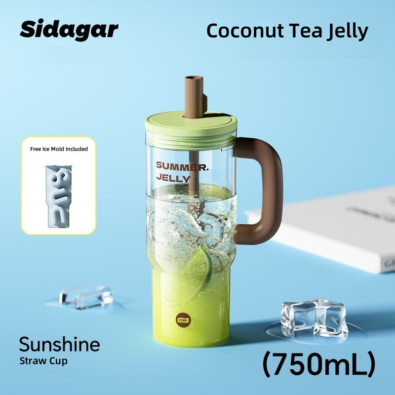 Sidagar Sunshine JELLY Straw Cup with Ice Grid - 750mL Leak-Proof Tritan Water Bottle, BPA-Free Summer Essentials for Cold Drinks