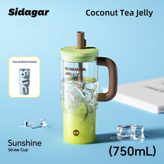 Sidagar Sunshine JELLY Straw Cup with Ice Grid - 750mL Leak-Proof Tritan Water Bottle, BPA-Free Summer Essentials for Cold Drinks