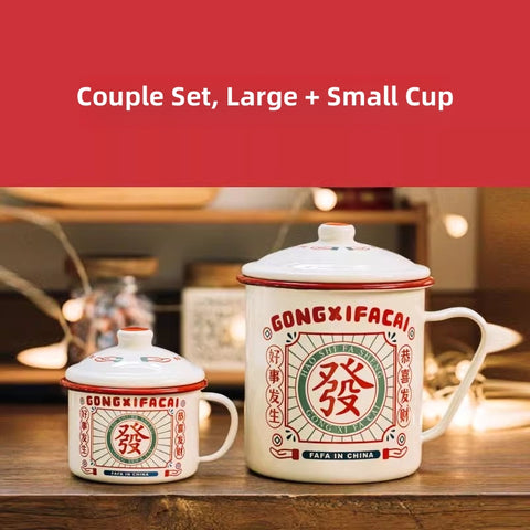 2L Large Capacity Vintage Enamel Mug with Dual "Fa" Design – Heat-Resistant, Multi-Purpose Chinese Traditional Cup for Tea, Coffee & Cooking