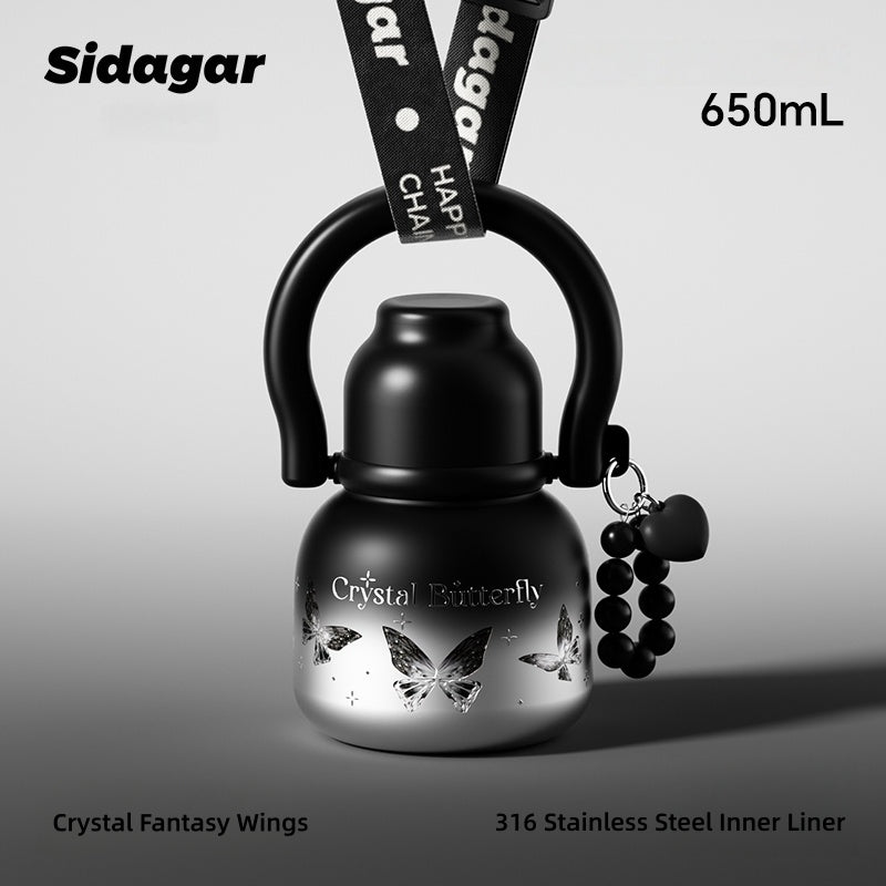 Sidagar Nova Insulated Stainless Steel Water Bottle with Ceramic Coating, 3 Drinking Modes (Straw/Sip/Share), 620ml, Leakproof & Portable Handle – Crystal Butterfly Design