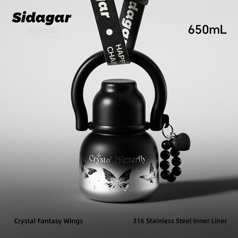 Sidagar Nova Insulated Stainless Steel Water Bottle with Ceramic Coating, 3 Drinking Modes (Straw/Sip/Share), 620ml, Leakproof & Portable Handle – Crystal Butterfly Design