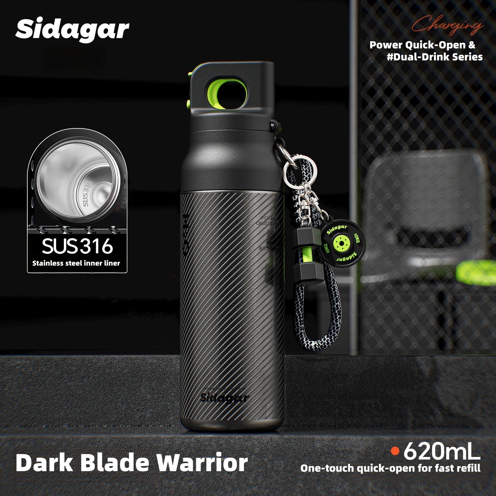 Sidagar 620ml Insulated Water Bottle, 316 Stainless Steel Tumbler with Dual Lid (Straw & Chug), 24H Cold & 12H Hot Leakproof Flask, One-Click Open for Gym, Office, Car Cup Holder