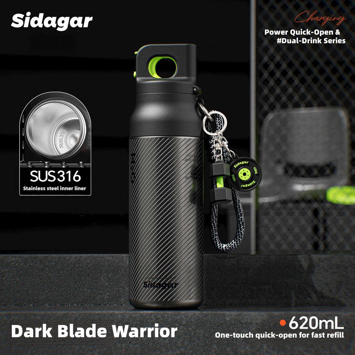 Sidagar 620ml Insulated Water Bottle, 316 Stainless Steel Tumbler with Dual Lid (Straw & Chug), 24H Cold & 12H Hot Leakproof Flask, One-Click Open for Gym, Office, Car Cup Holder