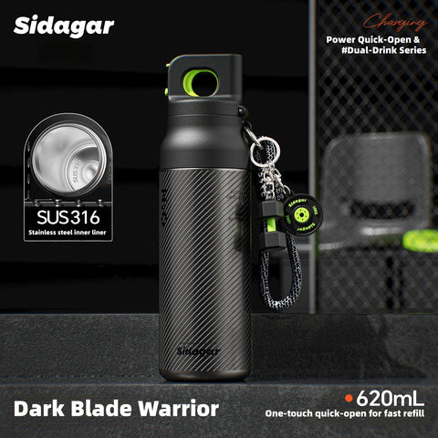 Sidagar 620ml Insulated Water Bottle, 316 Stainless Steel Tumbler with Dual Lid (Straw & Chug), 24H Cold & 12H Hot Leakproof Flask, One-Click Open for Gym, Office, Car Cup Holder