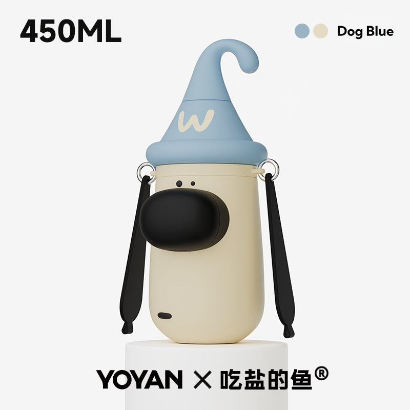 YOYAN X Salt-Eating Fish Collab Dog GOGO Insulated Thermos Cup - 12-Hour Hot & Cold, 316L Stainless Steel, 450ML, Convertible Strap, Creative Storage Box, 3 Drinking Ways, Portable Pet Design Bottle