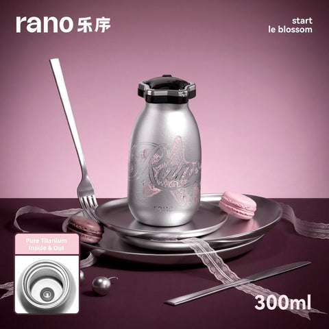 Rano Crystal Titanium Water Bottle 300ml (10oz) – Pure Titanium Inner & Outer, Leak-Proof Insulated Mini Flask with Straw, Sweet & Cool Star Design, Lightweight Travel Gift for Women & Girls