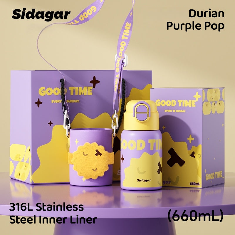 Sidagar 3-in-1 Leakproof Insulated Stainless Steel Water Bottle with Straw – 660ml Cute Thermos Flask with Carry Strap, 316L Interior, 3 Drinking Modes (Purple, Black, Green, Blue)