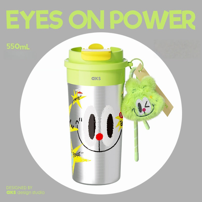 AKS x CROSSWAVE Lionbit 550ml Insulated Tumbler with Straw & Flip Lid - Vacuum Insulated Hot Cold Travel Mug, Leak Proof, with Plush Keychain (3 Designs)