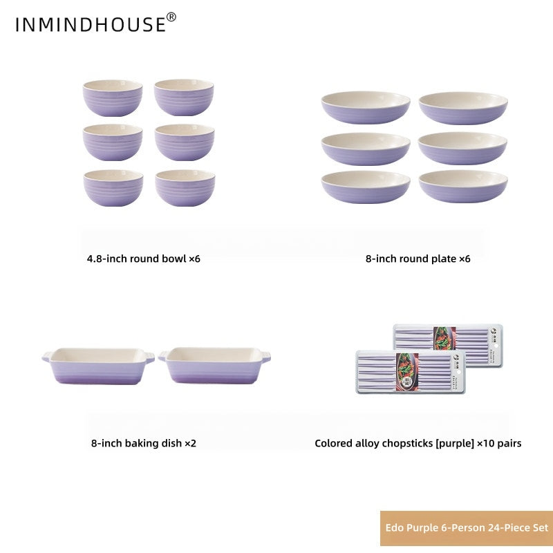 LA SOURCE Stoneware Dinnerware Set - Macaron Reactive Glaze Bowls, Deep Plates & Baking Dish for Modern Homes