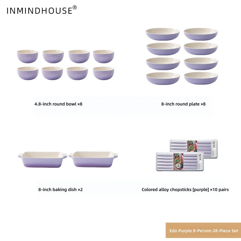 LA SOURCE Stoneware Dinnerware Set - Macaron Reactive Glaze Bowls, Deep Plates & Baking Dish for Modern Homes