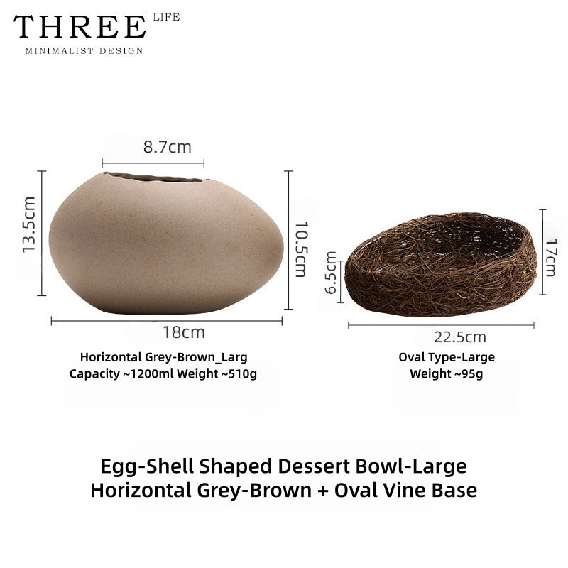 Three Life Eggshell Ceramic Bowls – Handcrafted Stoneware Egg-Shaped Serving Bowl with Woven Rattan Nest, for Steamed Egg Custard, Desserts & Molecular Gastronomy Plating, 3 Sizes Available