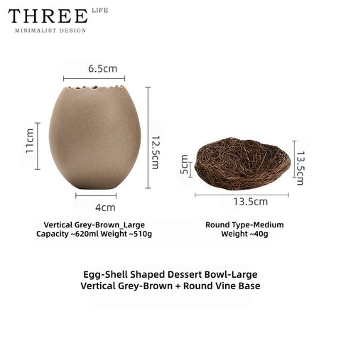 Three Life Eggshell Ceramic Bowls – Handcrafted Stoneware Egg-Shaped Serving Bowl with Woven Rattan Nest, for Steamed Egg Custard, Desserts & Molecular Gastronomy Plating, 3 Sizes Available