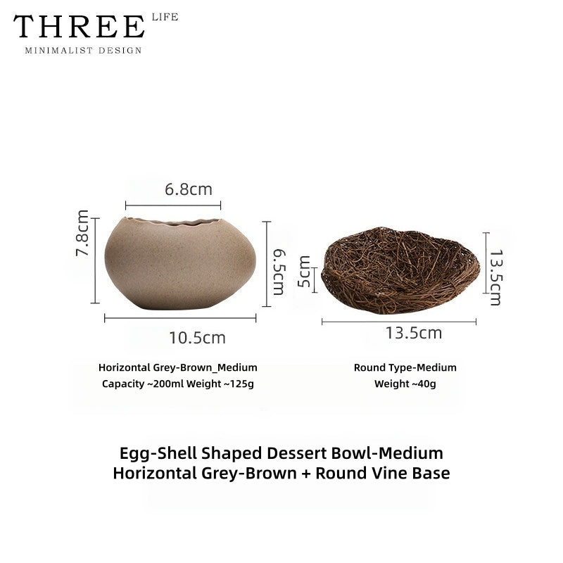 Three Life Eggshell Ceramic Bowls – Handcrafted Stoneware Egg-Shaped Serving Bowl with Woven Rattan Nest, for Steamed Egg Custard, Desserts & Molecular Gastronomy Plating, 3 Sizes Available