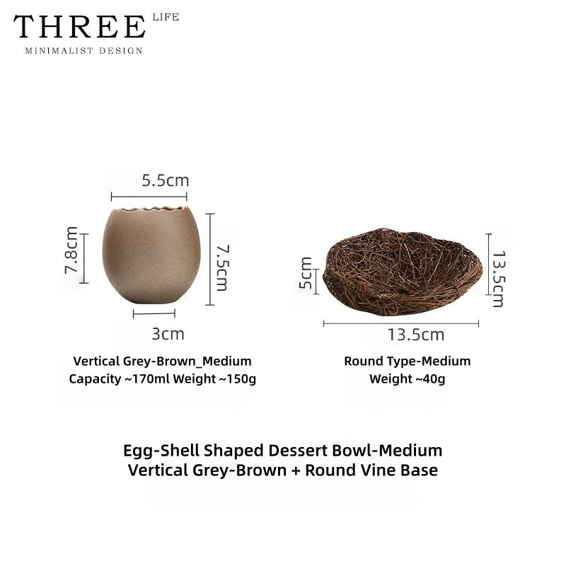 Three Life Eggshell Ceramic Bowls – Handcrafted Stoneware Egg-Shaped Serving Bowl with Woven Rattan Nest, for Steamed Egg Custard, Desserts & Molecular Gastronomy Plating, 3 Sizes Available