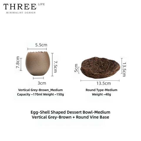Three Life Eggshell Ceramic Bowls – Handcrafted Stoneware Egg-Shaped Serving Bowl with Woven Rattan Nest, for Steamed Egg Custard, Desserts & Molecular Gastronomy Plating, 3 Sizes Available