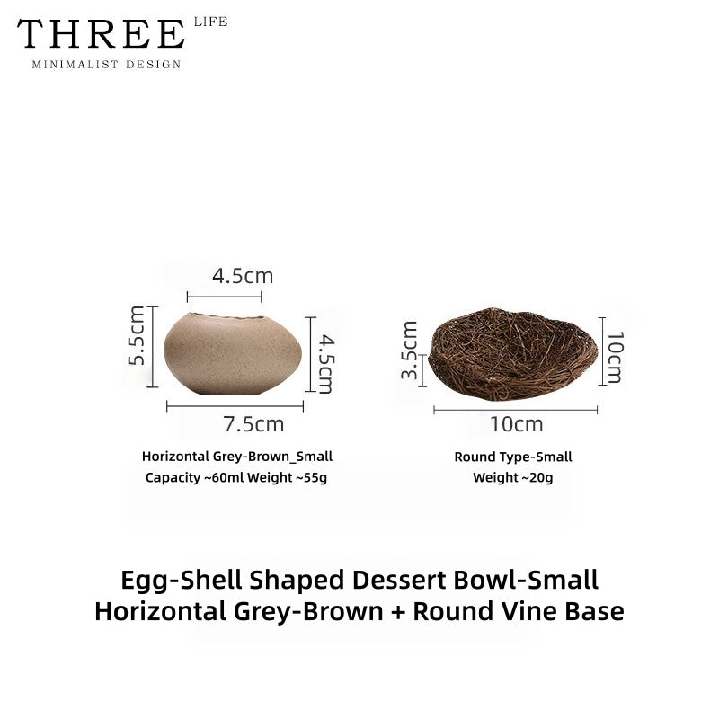 Three Life Eggshell Ceramic Bowls – Handcrafted Stoneware Egg-Shaped Serving Bowl with Woven Rattan Nest, for Steamed Egg Custard, Desserts & Molecular Gastronomy Plating, 3 Sizes Available