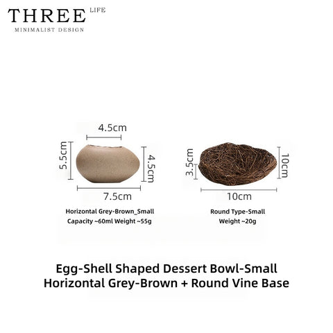 Three Life Eggshell Ceramic Bowls – Handcrafted Stoneware Egg-Shaped Serving Bowl with Woven Rattan Nest, for Steamed Egg Custard, Desserts & Molecular Gastronomy Plating, 3 Sizes Available