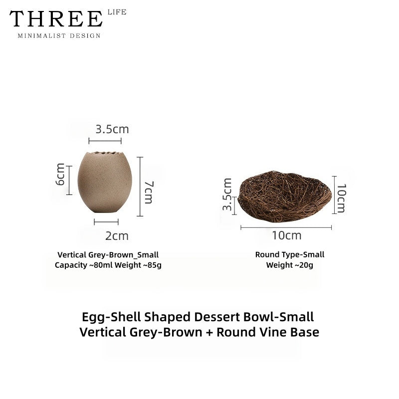 Three Life Eggshell Ceramic Bowls – Handcrafted Stoneware Egg-Shaped Serving Bowl with Woven Rattan Nest, for Steamed Egg Custard, Desserts & Molecular Gastronomy Plating, 3 Sizes Available