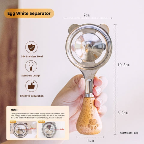 SHUEHO Bear Design Egg Yolk Separator - Food-Safe 304 Stainless Steel with Wooden Handle, Leak-Proof Baking Tool for Kids & Adults