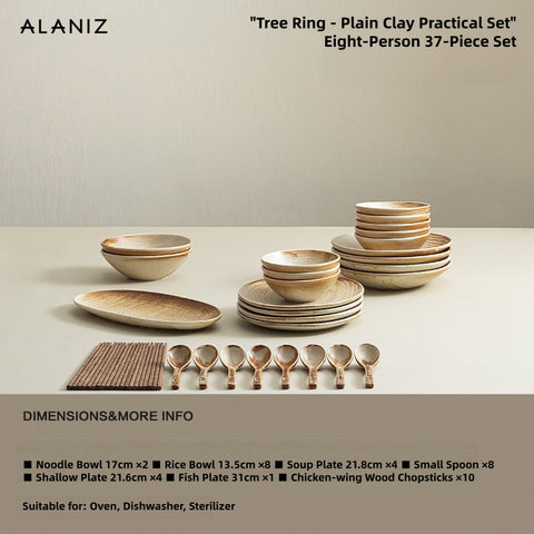 ALANIZ Year-Ring Stoneware Dinnerware Set – Japanese Retro Reactive Glaze Plates & Bowls, 12/21/29/37 Piece Service for 2/4/6/8, Oven & Microwave Safe, Vintage Yellow Ceramic Tableware