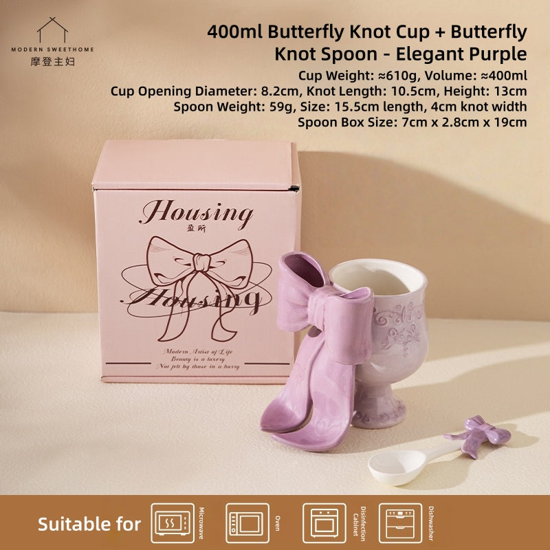 MDZF SWEET HOME Princess Escape Series Ceramic Mug with 3D Bow - Elegant Underglaze Hand-Painted Design, Gift Ready Coffee Cup with Spoon