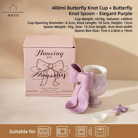 MDZF SWEET HOME Princess Escape Series Ceramic Mug with 3D Bow - Elegant Underglaze Hand-Painted Design, Gift Ready Coffee Cup with Spoon
