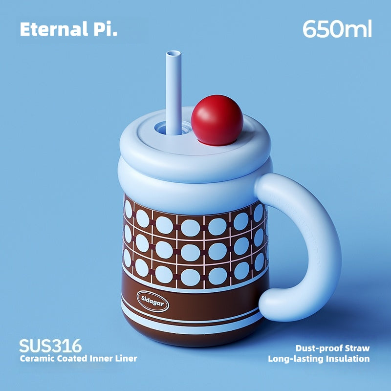 Sidagar Retro Plaid Desktop Straw Cup - 650ml Insulated Ceramic Coated Mug with Detachable Lid, Vintage Design for Home Office Use