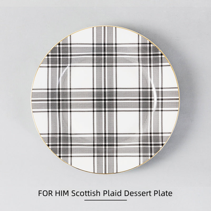 Luxury Stechcol Bone China Dinner Plate: Houndstooth & Scottish Plaid - 4 Styles