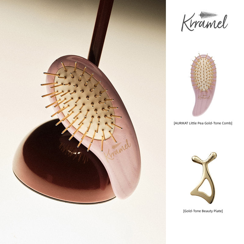 Krramel AURIKAT Pea 24K Gold Plated Comb | Luxury Scalp Massager & Detangling Hair Brush for Women | Anti-static Wet & Dry Hair Brush | Ideal Birthday, Anniversary, Valentine's Gift for Her