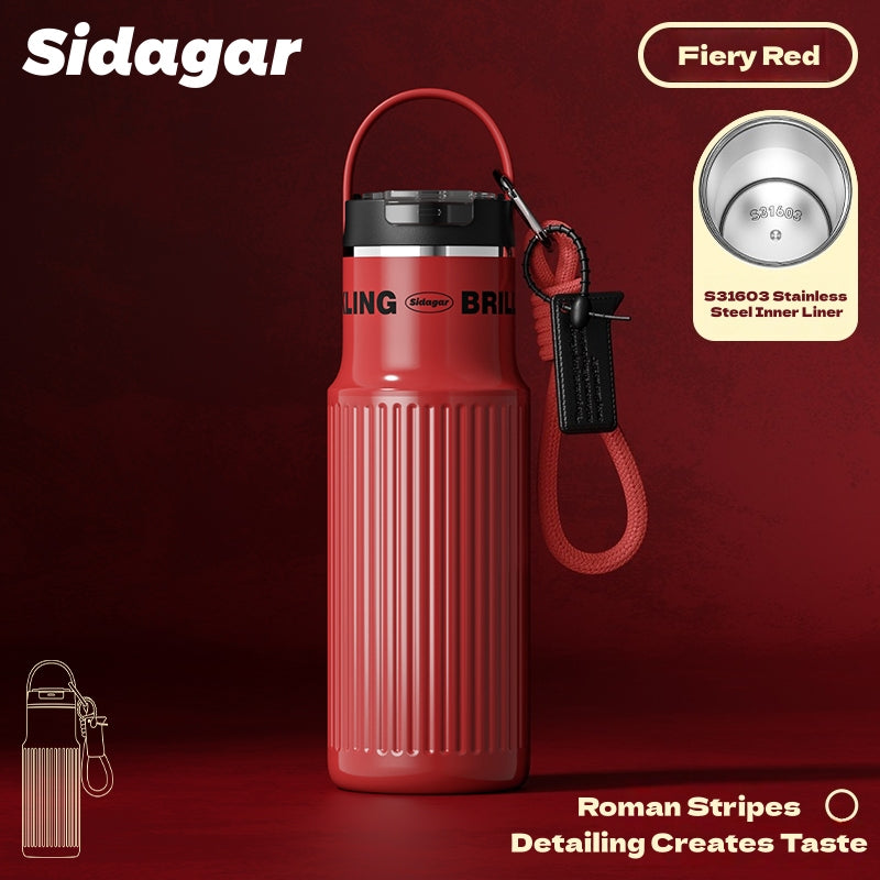Sidagar Light Column Stainless Steel Water Bottle – 570ml, Double Drinking Modes, 360° Leakproof, Insulated, S31603 Inner Layer, Roman Stripe Design