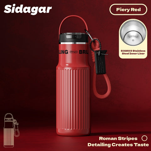 Sidagar Light Column Stainless Steel Water Bottle – 570ml, Double Drinking Modes, 360° Leakproof, Insulated, S31603 Inner Layer, Roman Stripe Design