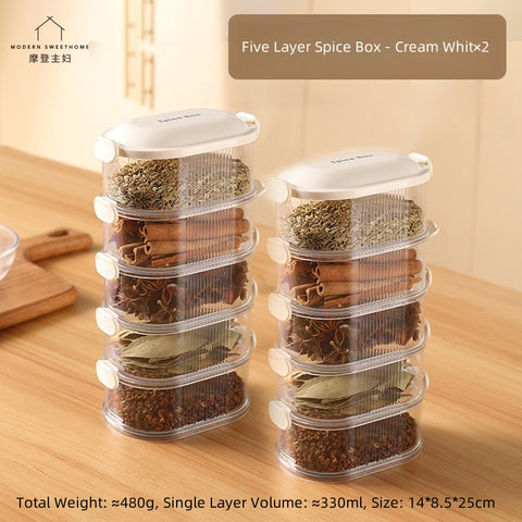 MDZF Multilayer Airtight Spice Container with Stackable Design - Transparent, Eco-Friendly PET+ABS Spice Organizer (1-5 Layers, White/Green)