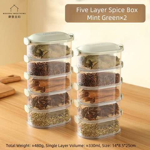MDZF Multilayer Airtight Spice Container with Stackable Design - Transparent, Eco-Friendly PET+ABS Spice Organizer (1-5 Layers, White/Green)