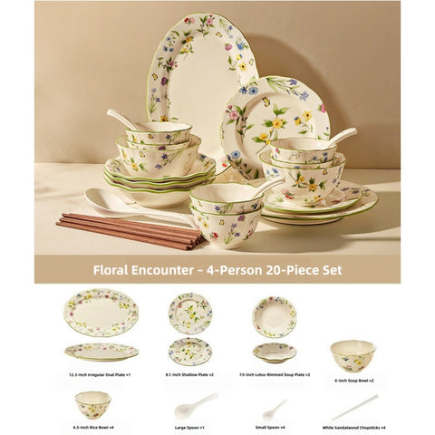 MOSE Oriental Ceramic Dinnerware Collection – 3 Series (Hundred Flowers Scroll, Man Ting Fang, Flower Encounter), 9-Piece to 56-Piece Gift Box Sets, Service for 2 to 12, Lead-Free Porcelain, Wedding & Housewarming Gift