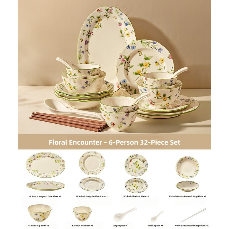 MOSE Oriental Ceramic Dinnerware Collection – 3 Series (Hundred Flowers Scroll, Man Ting Fang, Flower Encounter), 9-Piece to 56-Piece Gift Box Sets, Service for 2 to 12, Lead-Free Porcelain, Wedding & Housewarming Gift