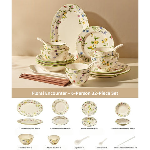 MOSE Oriental Ceramic Dinnerware Collection – 3 Series (Hundred Flowers Scroll, Man Ting Fang, Flower Encounter), 9-Piece to 56-Piece Gift Box Sets, Service for 2 to 12, Lead-Free Porcelain, Wedding & Housewarming Gift