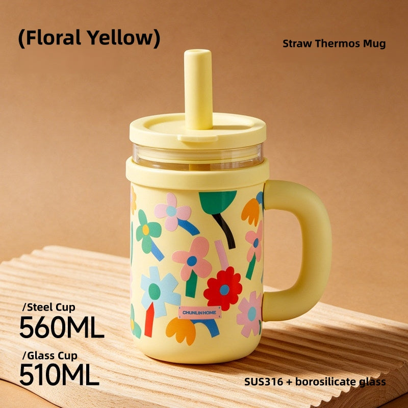 CHUNLIN HOME Dual-Liner Insulated Coffee Tumbler 560ml (Steel) / 510ml (Glass), 316 Stainless Steel & Glass Travel Mug with Leak-Proof 130° Flip Lid, Portable Crossbody Strap, Straw & Wide Mouth, BPA-Free Double Wall for Office, Commute, Car