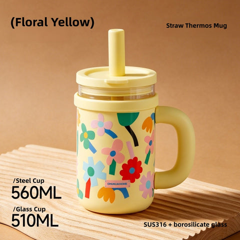 CHUNLIN HOME Dual-Liner Insulated Coffee Tumbler 560ml (Steel) / 510ml (Glass), 316 Stainless Steel & Glass Travel Mug with Leak-Proof 130° Flip Lid, Portable Crossbody Strap, Straw & Wide Mouth, BPA-Free Double Wall for Office, Commute, Car