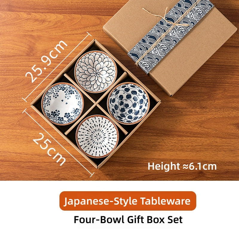 THREE LIFE Rattan Series Japanese Ceramic Dinnerware Set – Blue & White Floral Plates, Rice Bowls, Chopsticks & Spoon | Hand-Painted Underglaze Porcelain Tableware for Home Kitchen